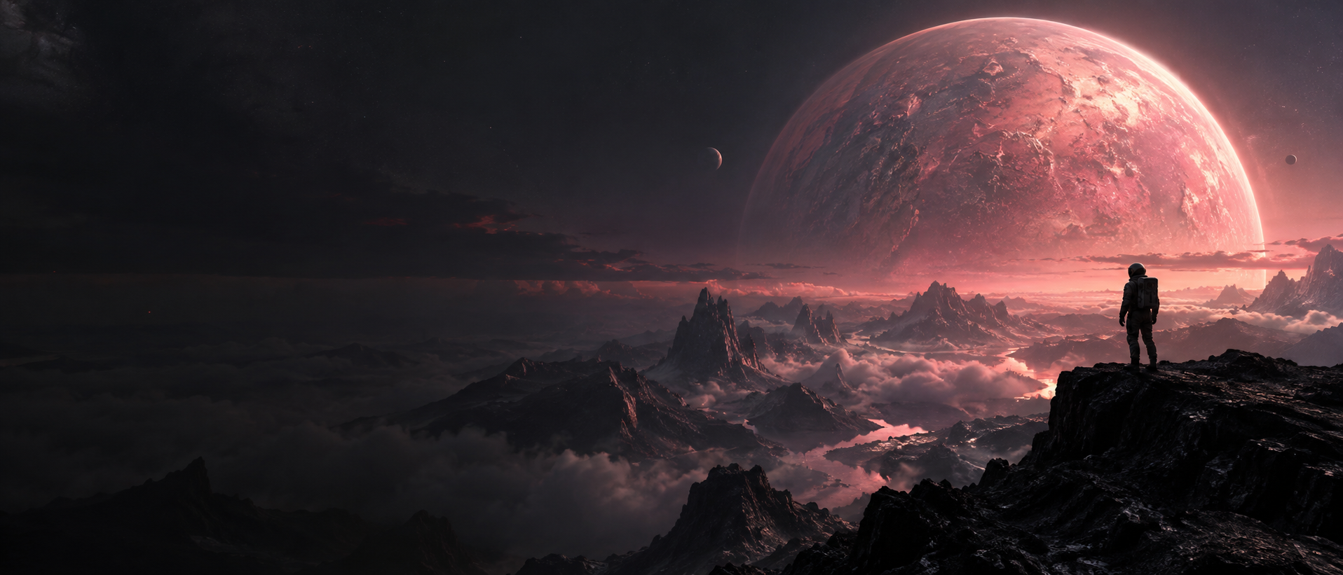 An astronaut looks across an otherworldly landscape beneath a pink planet